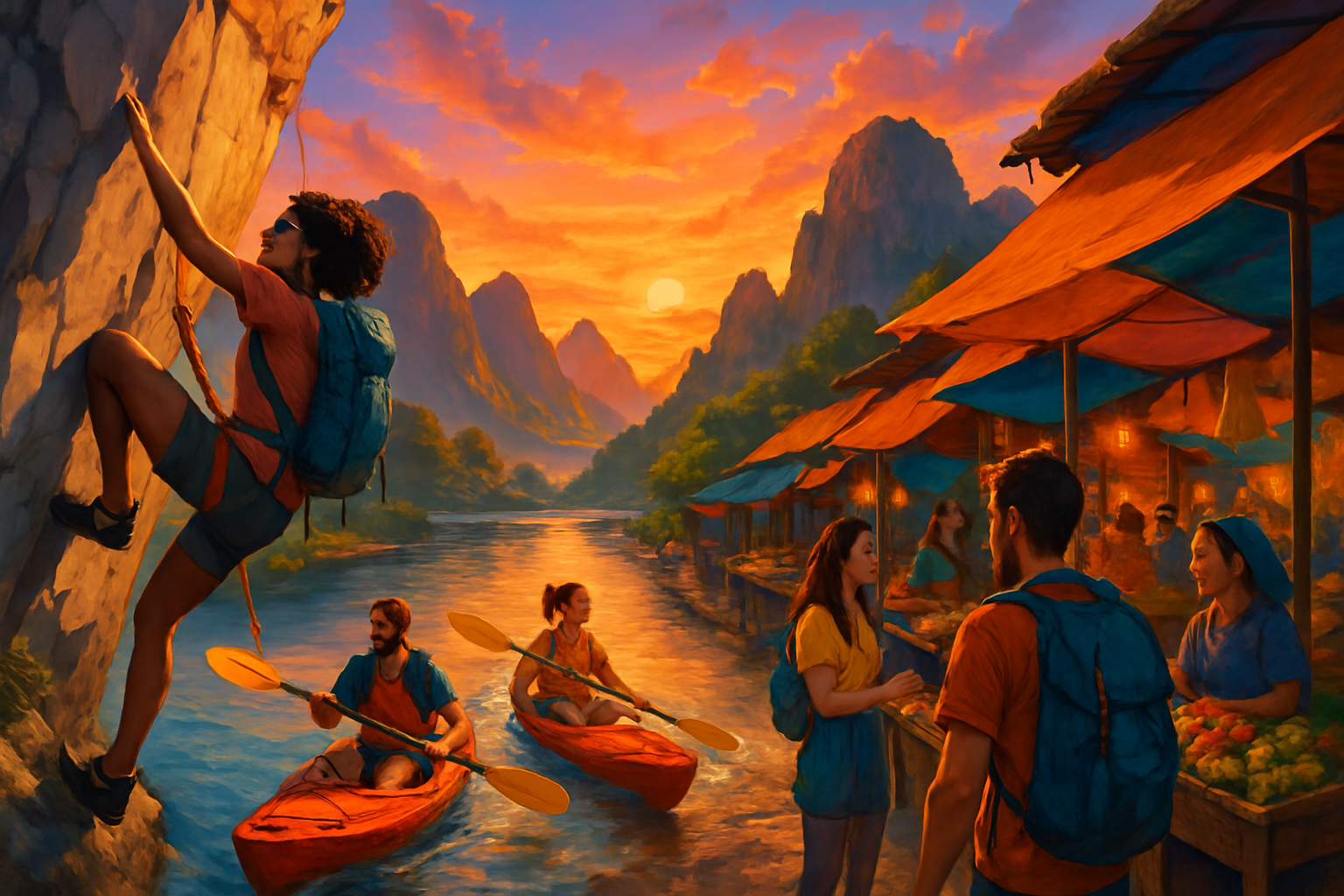 The image captures an adventurous scene with climbers scaling a cliff, kayakers paddling in a river, and locals engaging near colorful market stalls at sunset in a scenic landscape.
