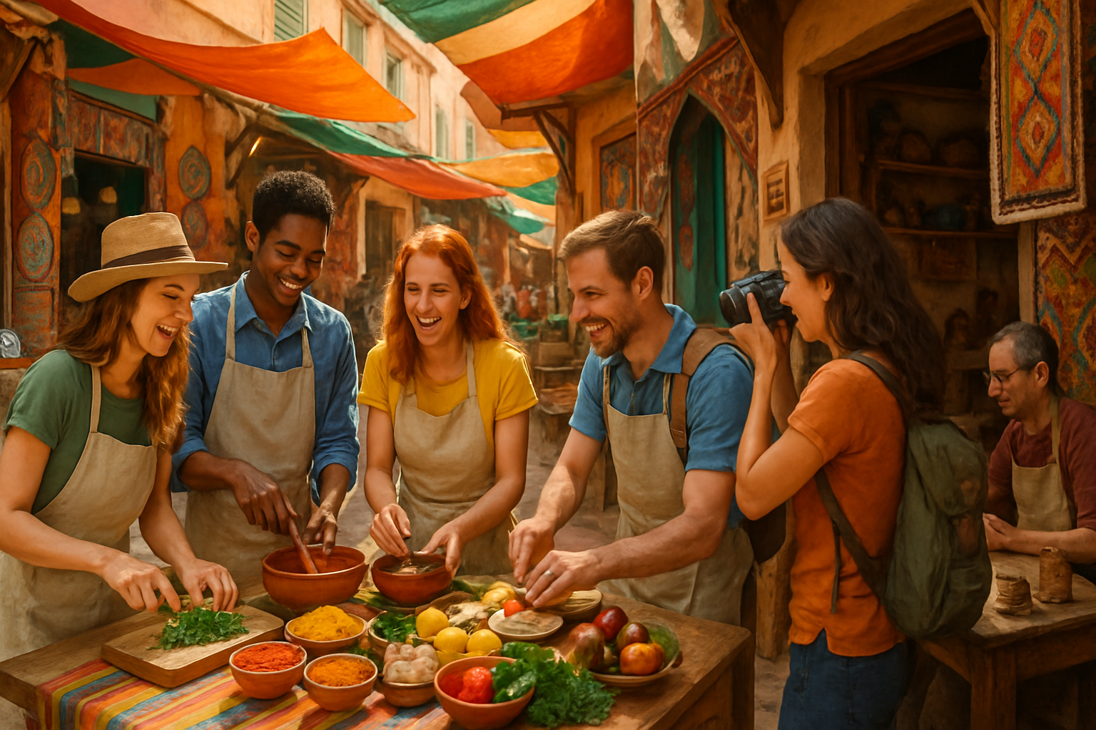 A group of five people joyfully prepare food in a vibrant market setting, surrounded by colorful fabrics and fresh ingredients.
