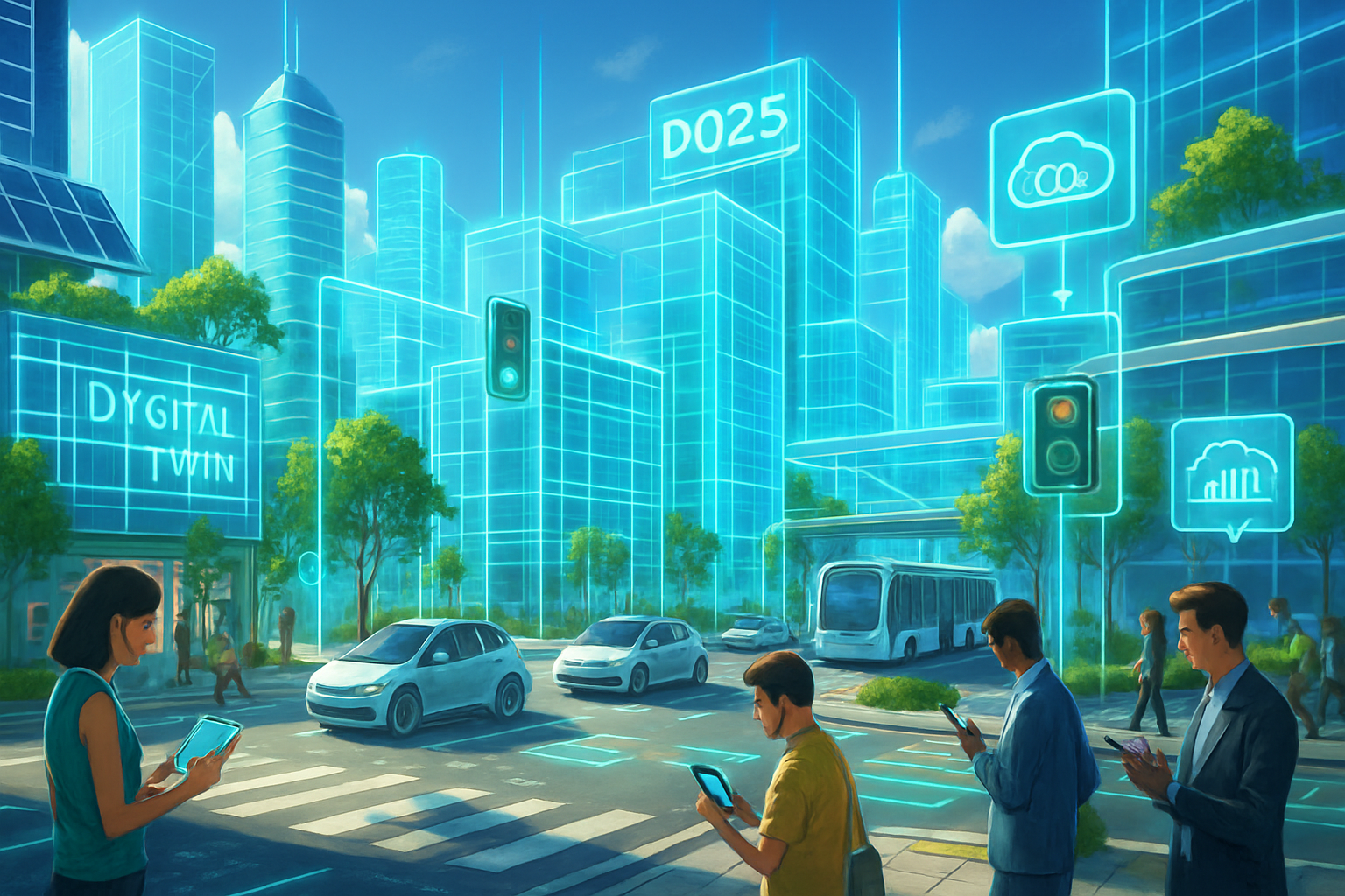 The image depicts a futuristic cityscape featuring digital buildings and people interacting with technology amidst green spaces and smart traffic signals.