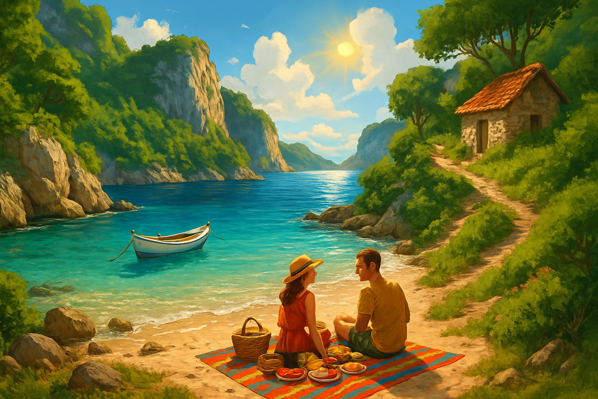 A couple enjoys a picnic on a vibrant beach, surrounded by lush greenery and a serene sea with a distant boat.