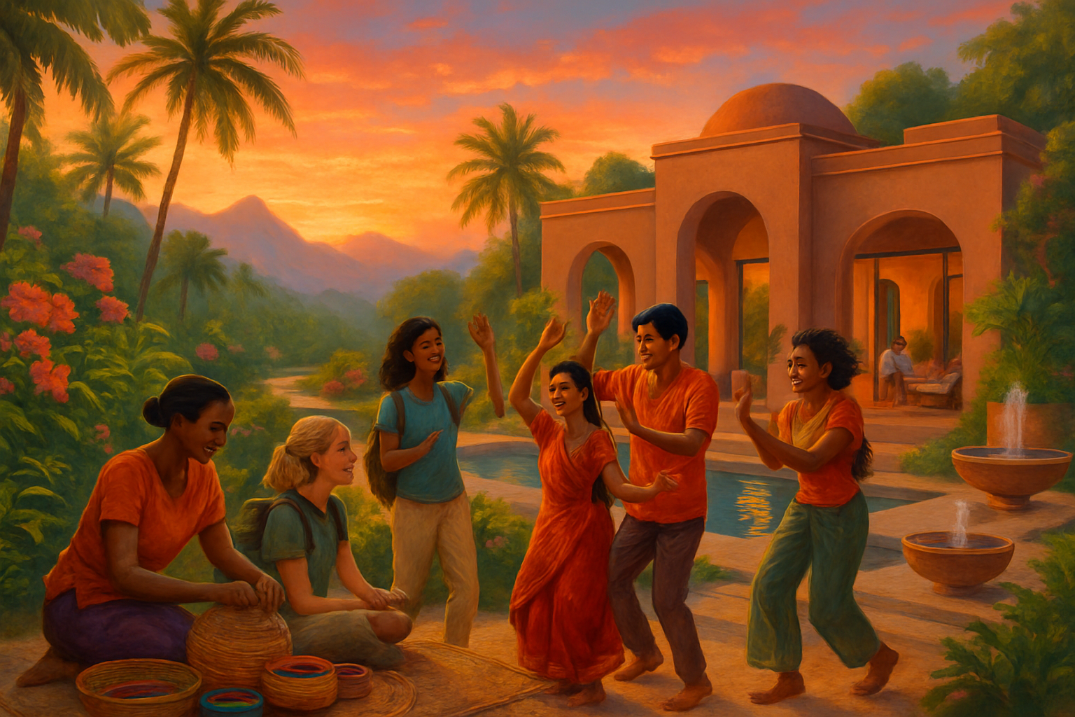 A vibrant scene depicts a group of children joyfully dancing in a tropical setting during sunset, while one girl sits nearby weaving baskets.