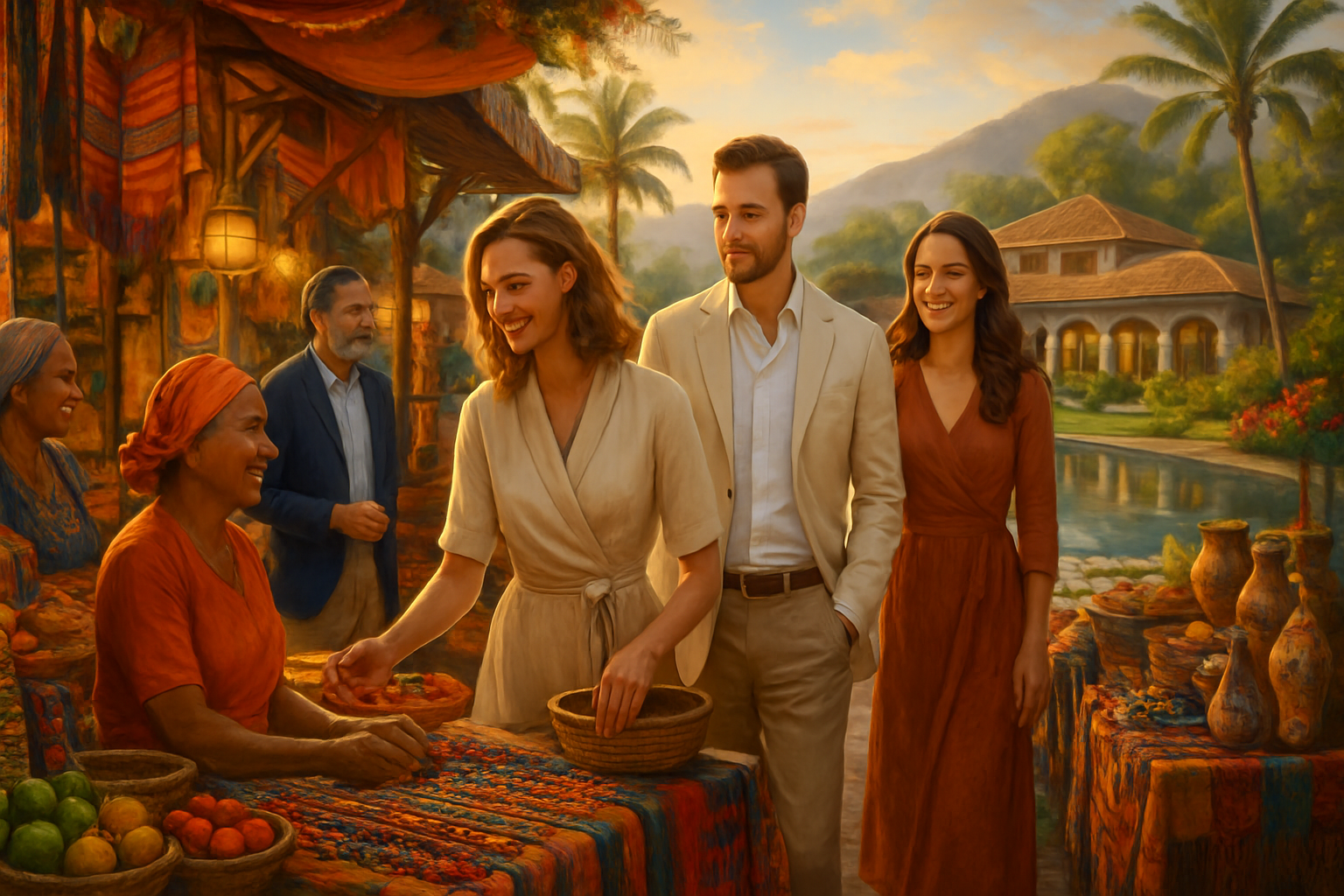 The image depicts a vibrant market scene with people interacting, including a woman buying produce from a vendor, set against a picturesque backdrop of greenery and architecture.