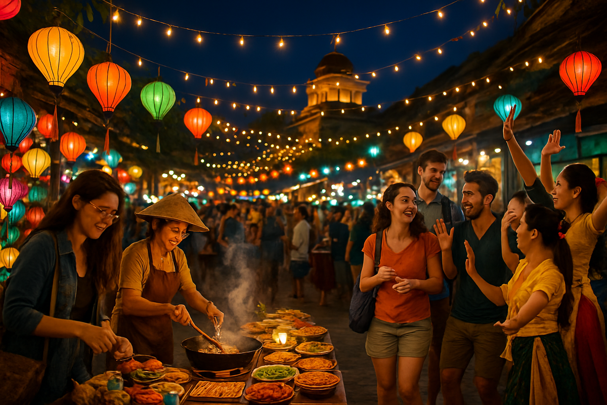 A vibrant night market scene filled with colorful lanterns, cooking vendors, and cheerful groups of people enjoying the festivities.