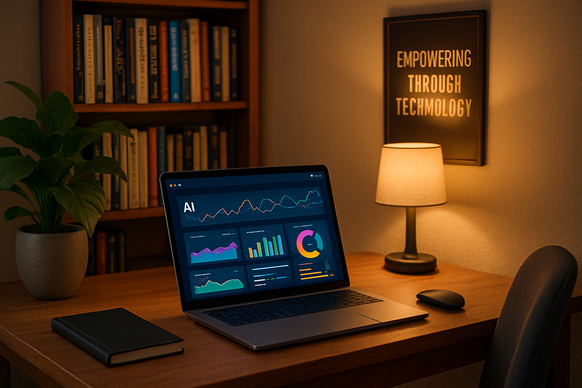 The image depicts a cozy workspace with a laptop displaying data analytics, a potted plant, a notebook, and a lamp illuminating the area.