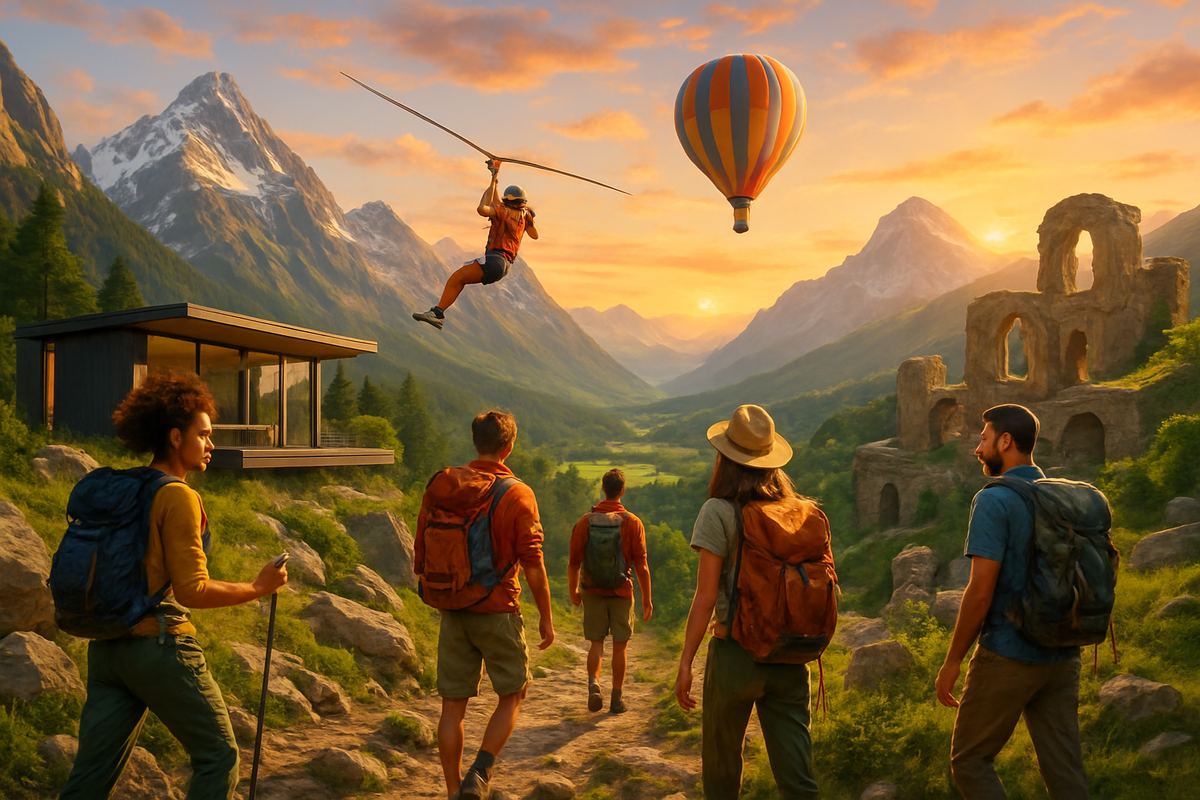 A group of hikers admires a scenic mountain valley at sunset, while one person zip-lines above and a hot air balloon floats in the sky.