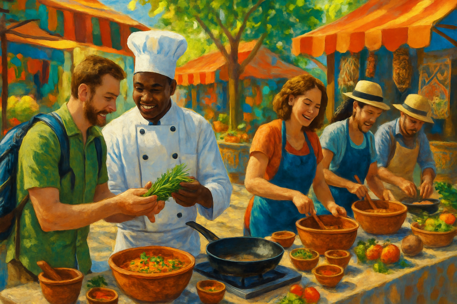 The image depicts a vibrant outdoor cooking scene with a diverse group of people happily preparing food together at a market.