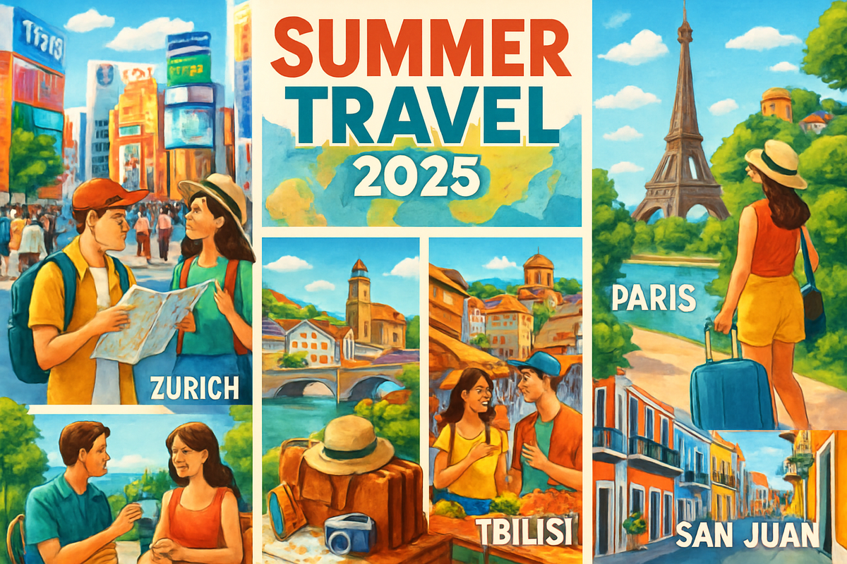 The image depicts a colorful travel-themed illustration featuring famous cities like Zurich, Tbilisi, Paris, and San Juan, promoting summer travel for 2025.