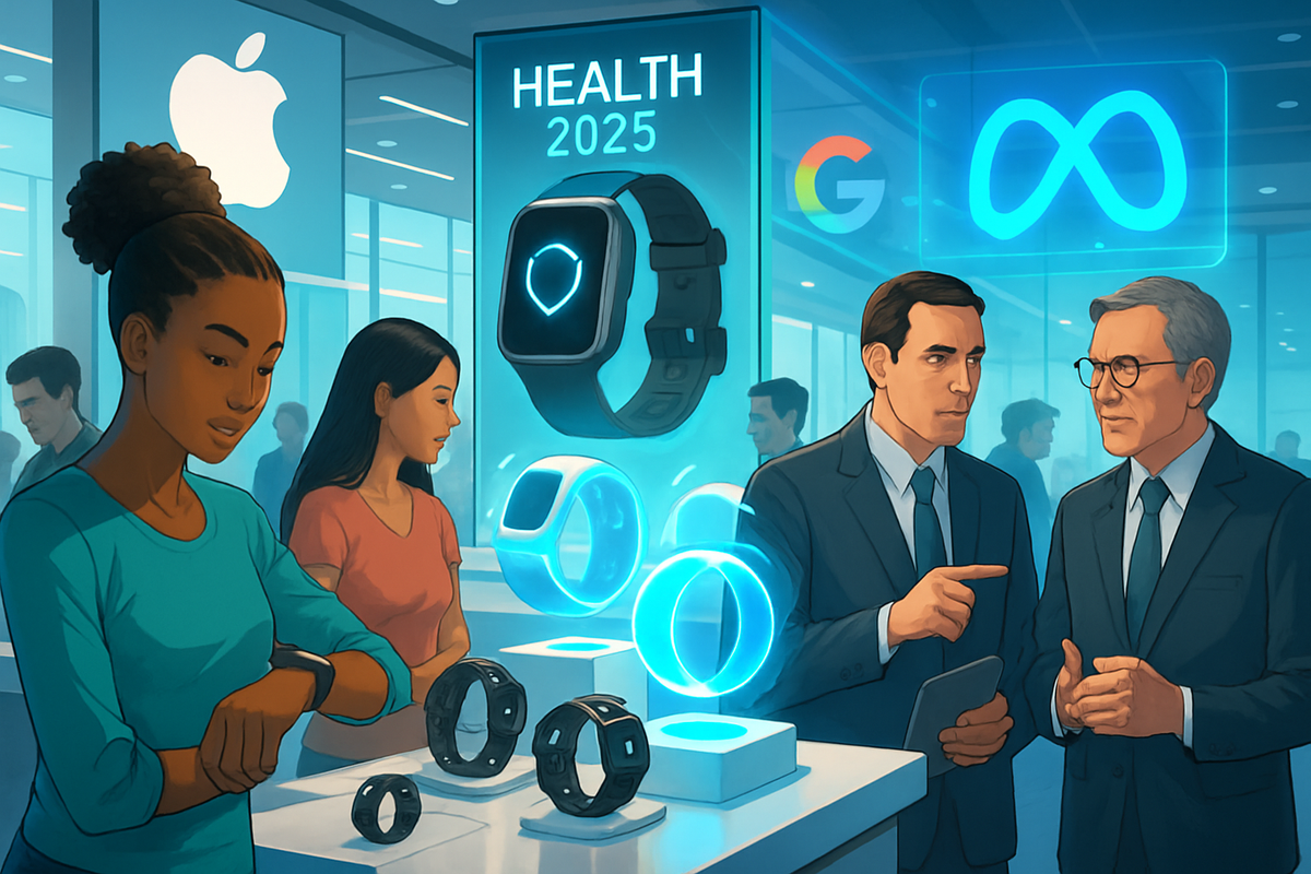 The image depicts a technology exhibition featuring smart wearables with representatives from major companies discussing innovations in health tech.