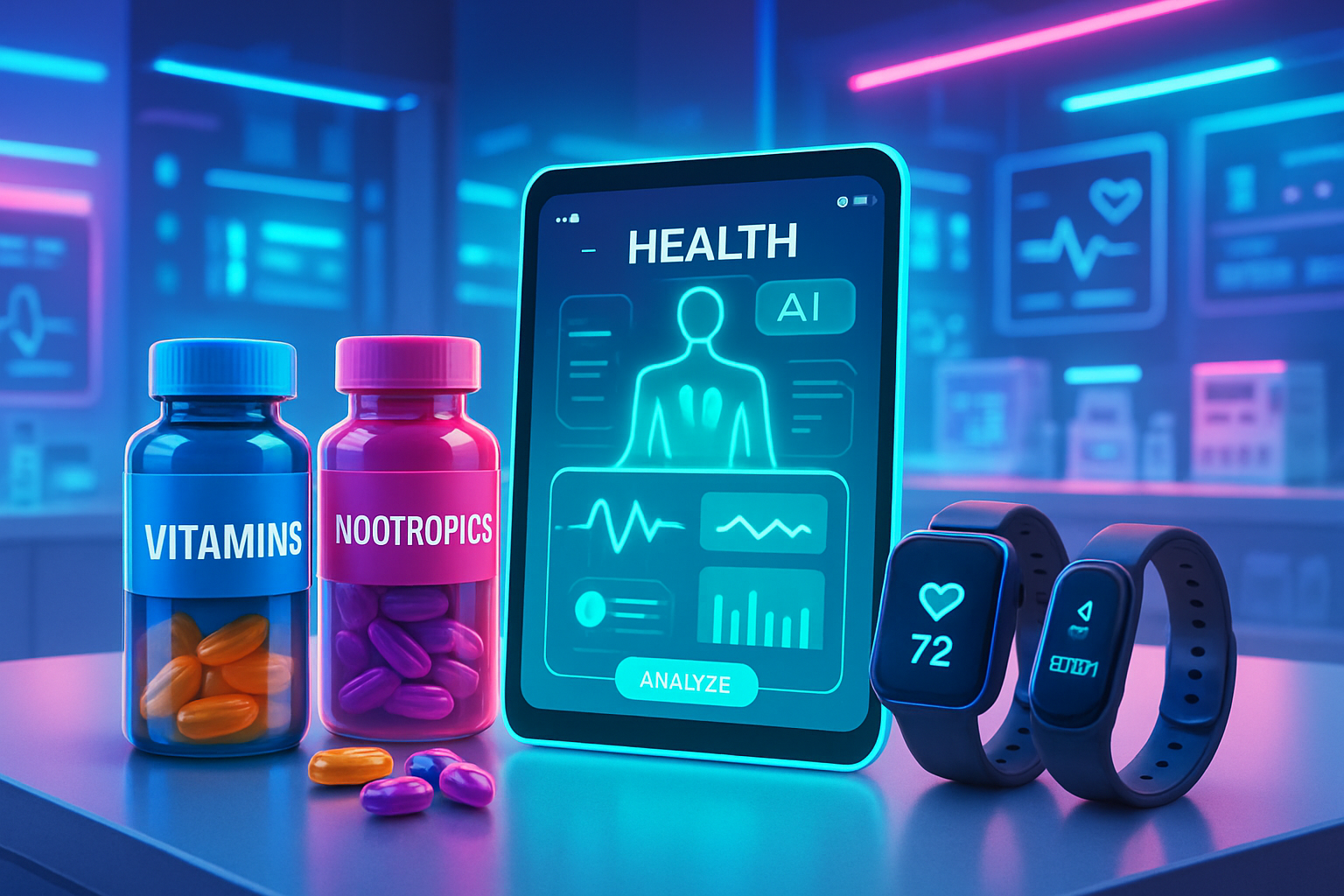 The image features vibrant bottles labeled "Vitamins" and "Nootropics" alongside a high-tech tablet displaying health data and two smartwatches on a futuristic table.