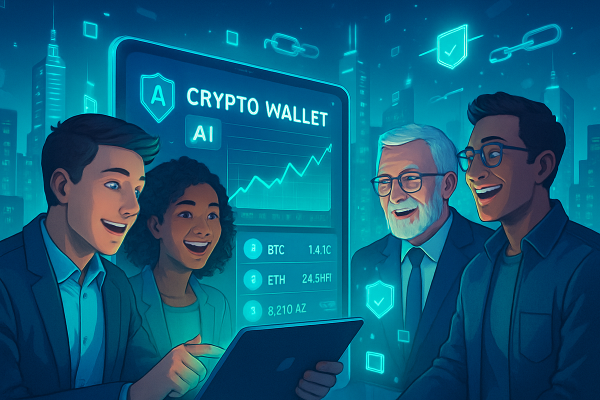 A diverse group of four individuals are excitedly engaging with a tablet that displays a cryptocurrency wallet interface, showcasing various digital currencies and data.