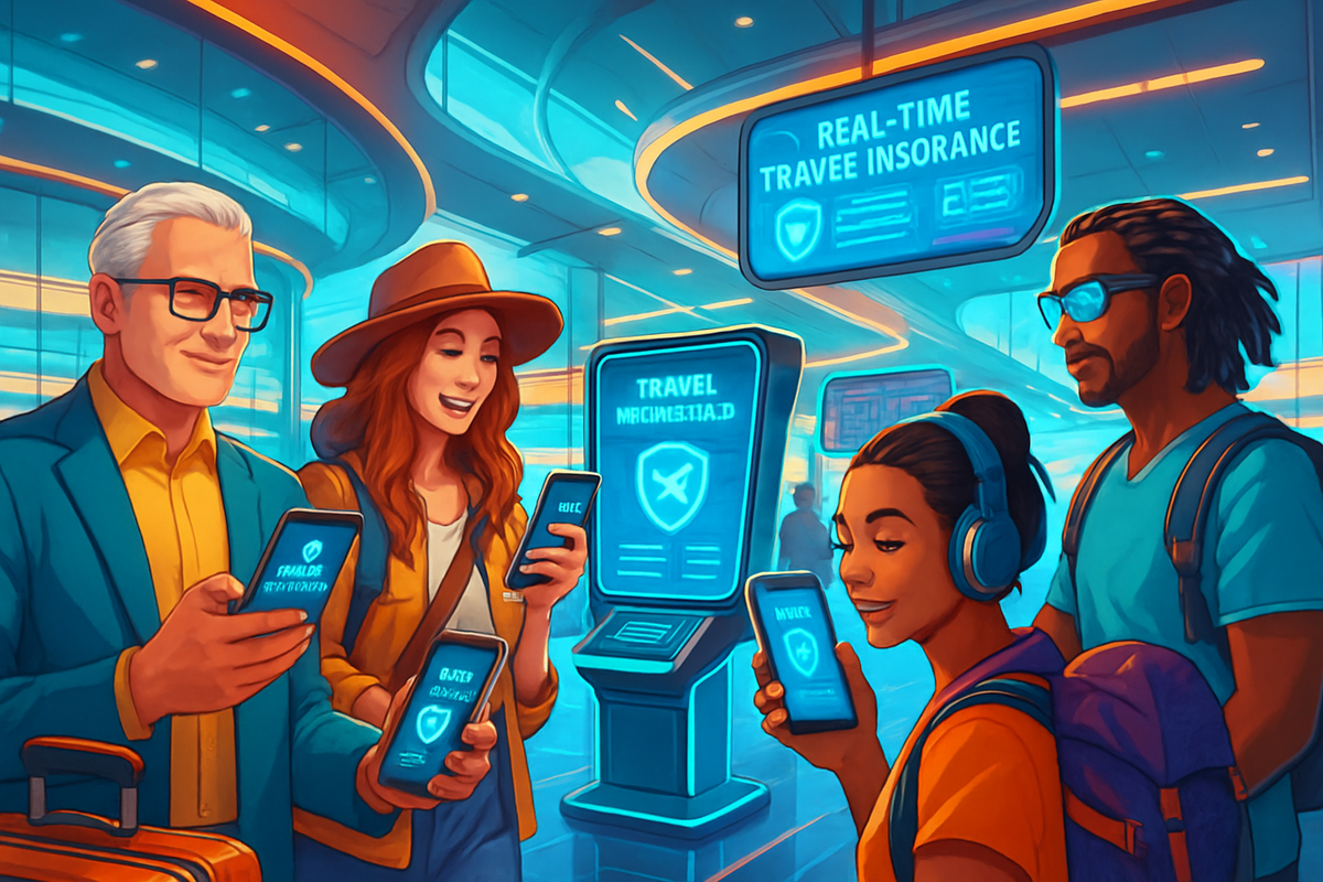 A diverse group of four people is using smartphones in a modern travel-related environment, featuring digital displays about travel insurance and services.