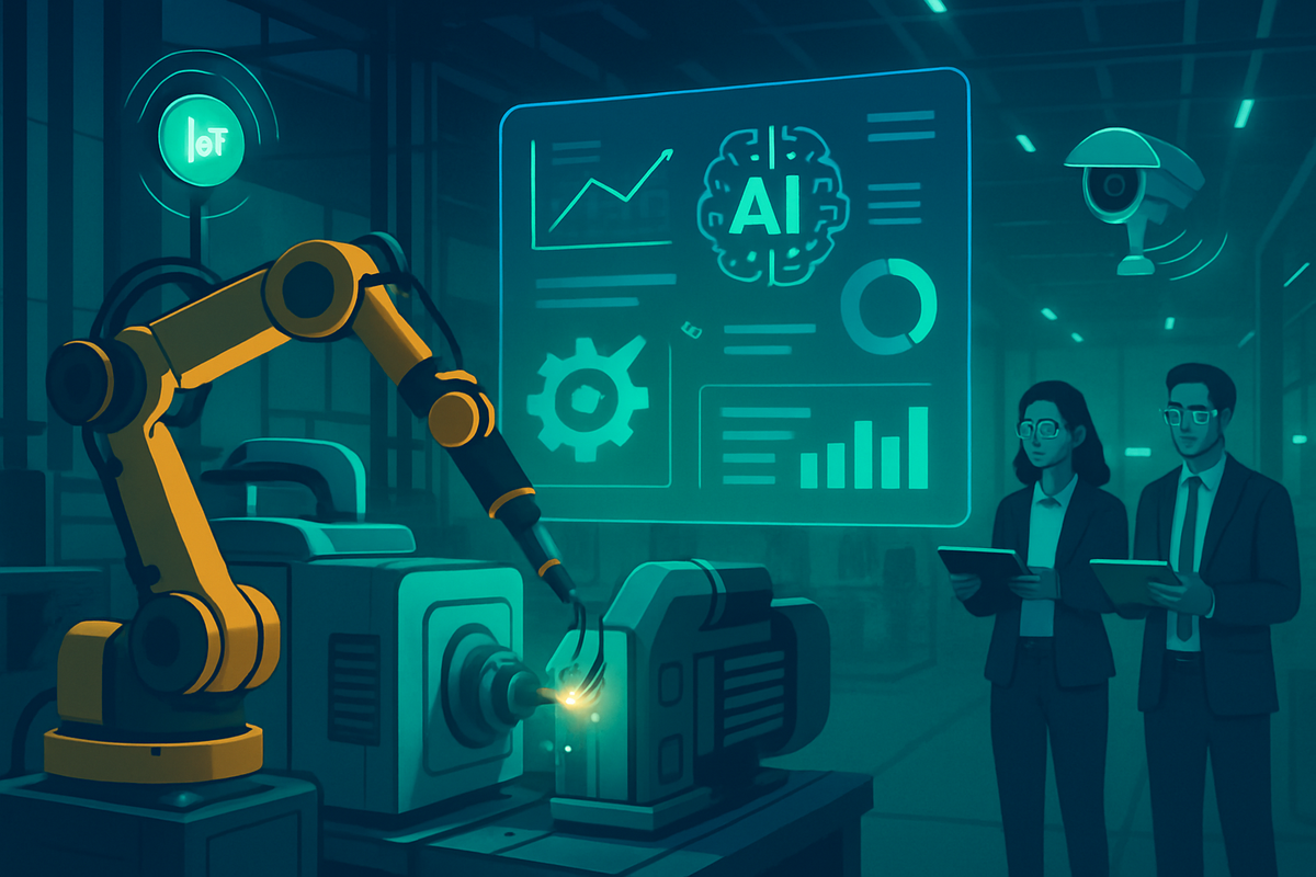 The image depicts a robotic arm working alongside two business professionals observing data related to AI and IoT in a modern industrial setting.
