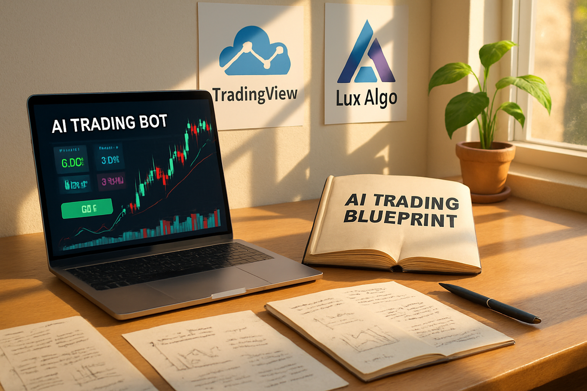 The image depicts a workspace featuring a laptop displaying stock trading data, a book titled "AI TRADING BLUEPRINT," notes, and potted plants, all set against a sunlit background.