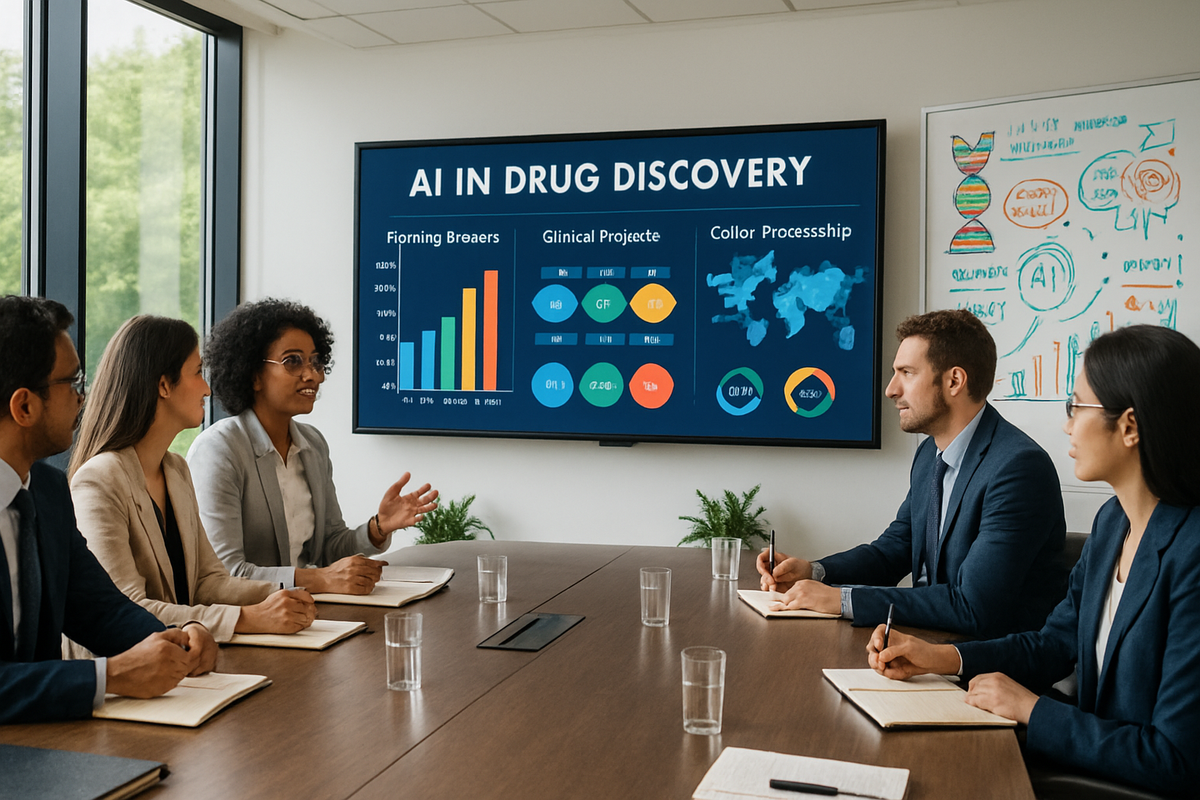 A group of professionals is engaged in a meeting discussing AI in drug discovery, with a presentation displaying various charts and data on a screen.