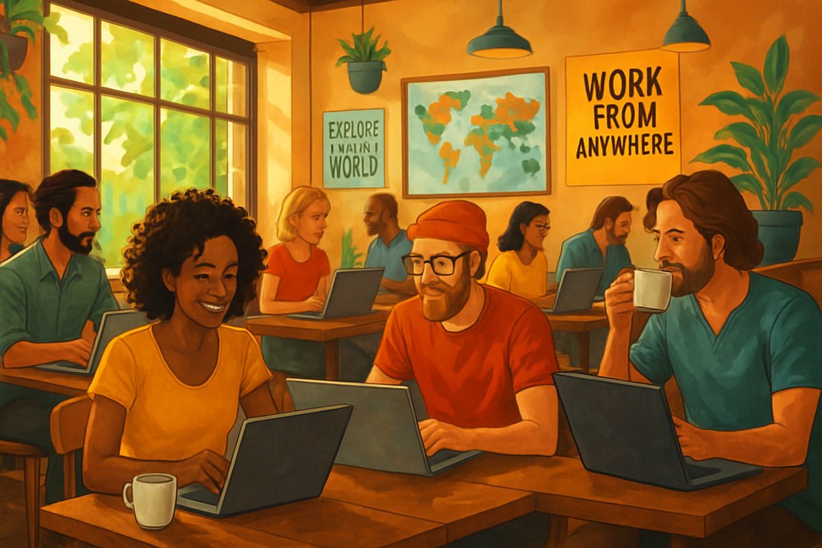 The image depicts a vibrant café scene where a diverse group of people are working on laptops, engaged in a collaborative atmosphere.