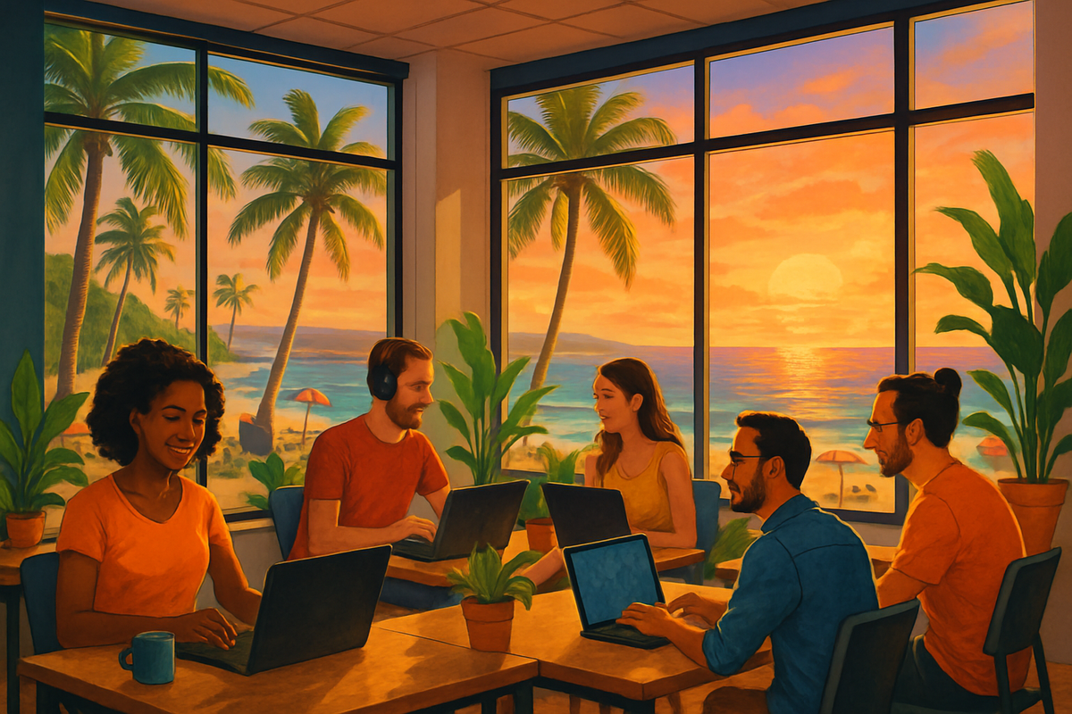 A group of five people work on laptops in a brightly lit room with large windows showcasing a tropical sunset and palm trees.
