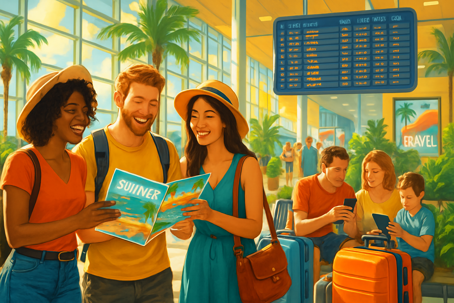 A group of cheerful travelers is looking at a guide while showcasing a vibrant airport scene with palm trees and luggage.