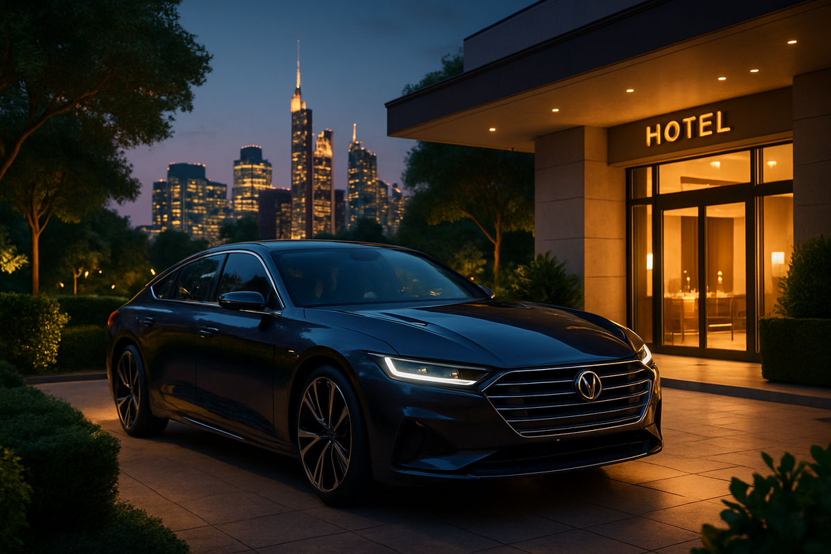 A sleek black car is parked outside a hotel with a city skyline in the background during twilight.