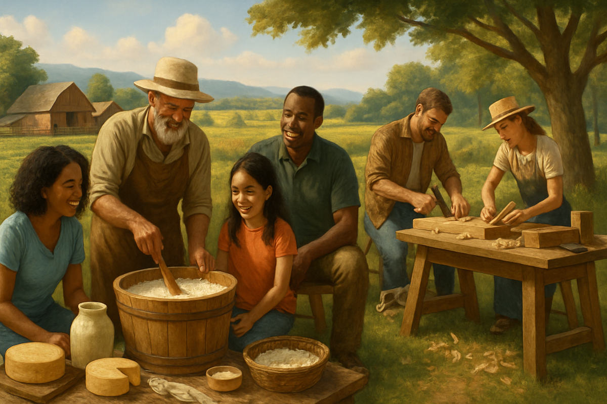 The image depicts a joyful group of people engaged in traditional crafts and cooking outdoors, showcasing community and collaboration in a serene rural setting.