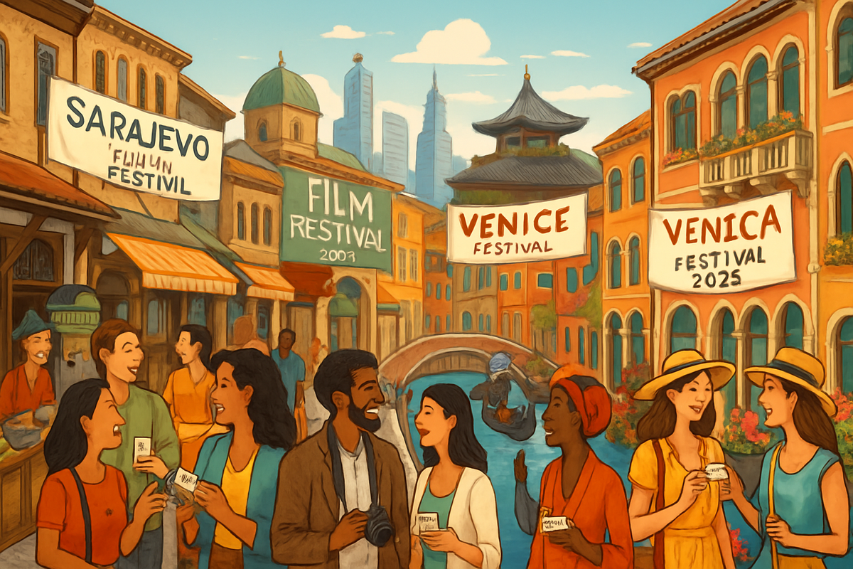 The image depicts a vibrant street scene with diverse people celebrating various film festivals in a picturesque setting featuring charming buildings and canals.
