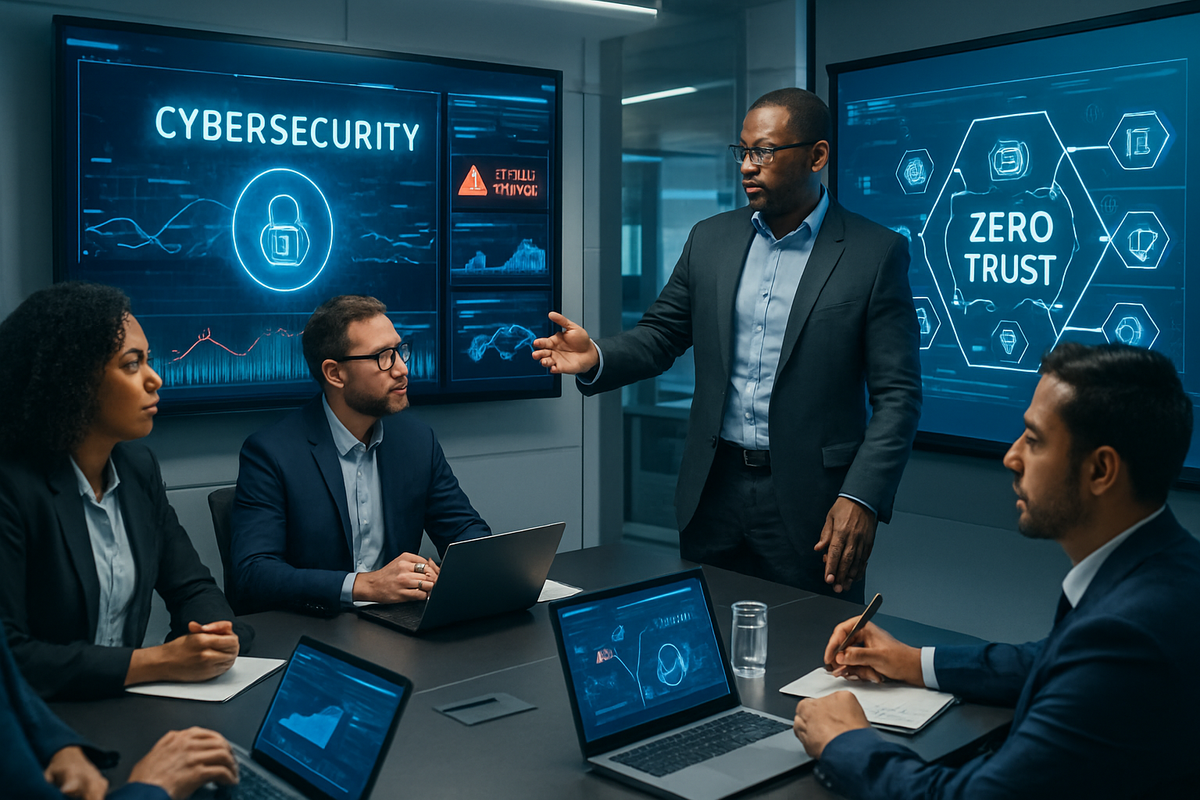 A professional meeting in a modern conference room focusing on cybersecurity, with a presenter discussing concepts like "Zero Trust" to an attentive audience.