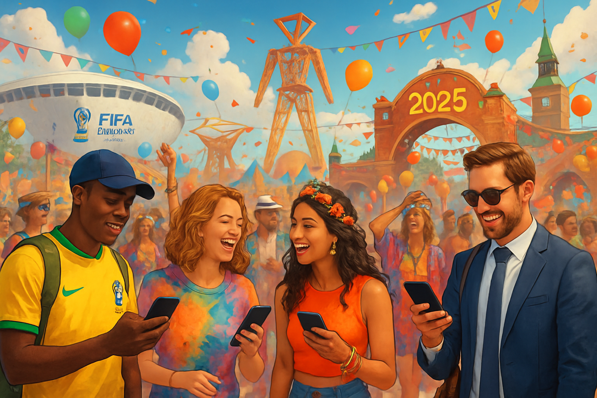 A diverse group of friends joyfully checks their phones at a colorful outdoor festival with decorations, balloons, and a festive atmosphere.