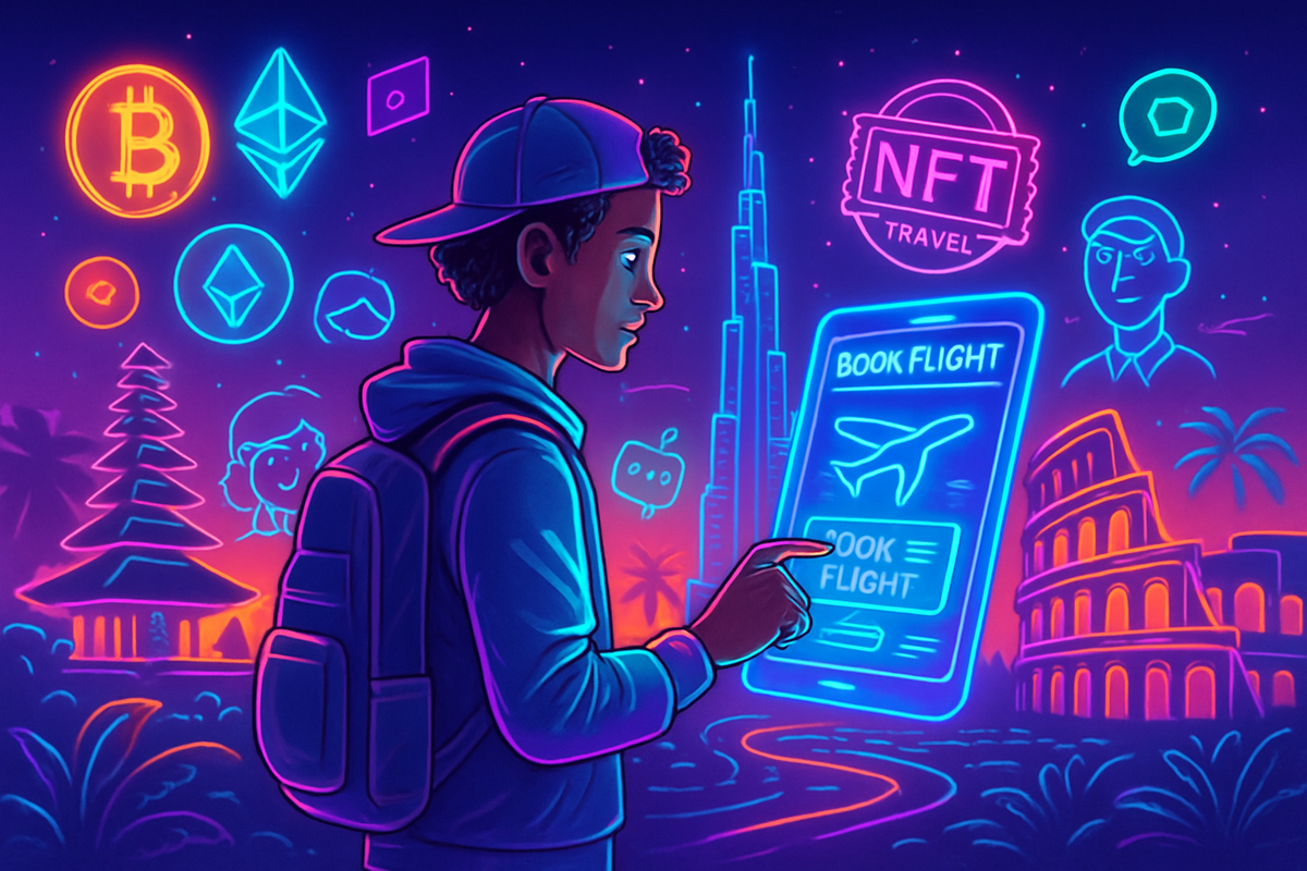 A person with a backpack is looking at a neon-lit phone displaying flight booking options amidst various symbols related to cryptocurrency and travel landmarks.