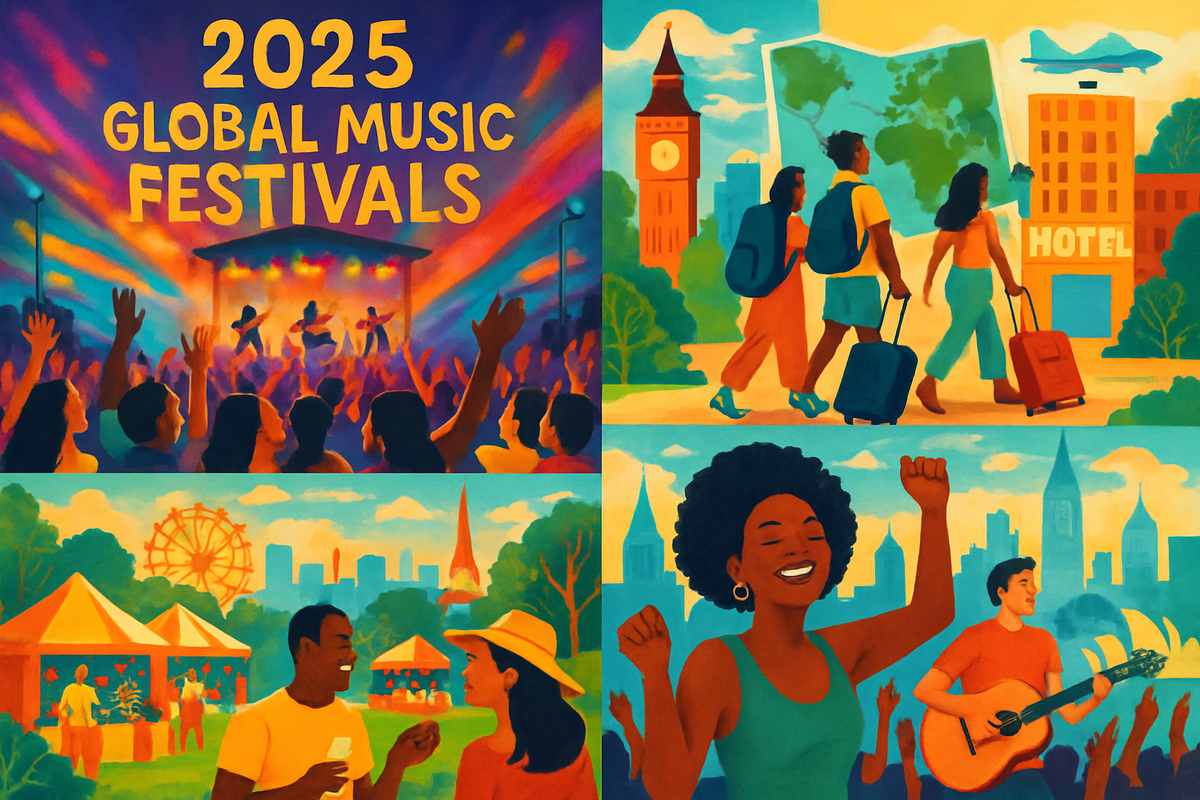 The image showcases vibrant illustrations celebrating global music festivals in 2025, featuring lively crowds, travelers, and joyful musicians against colorful backdrops.