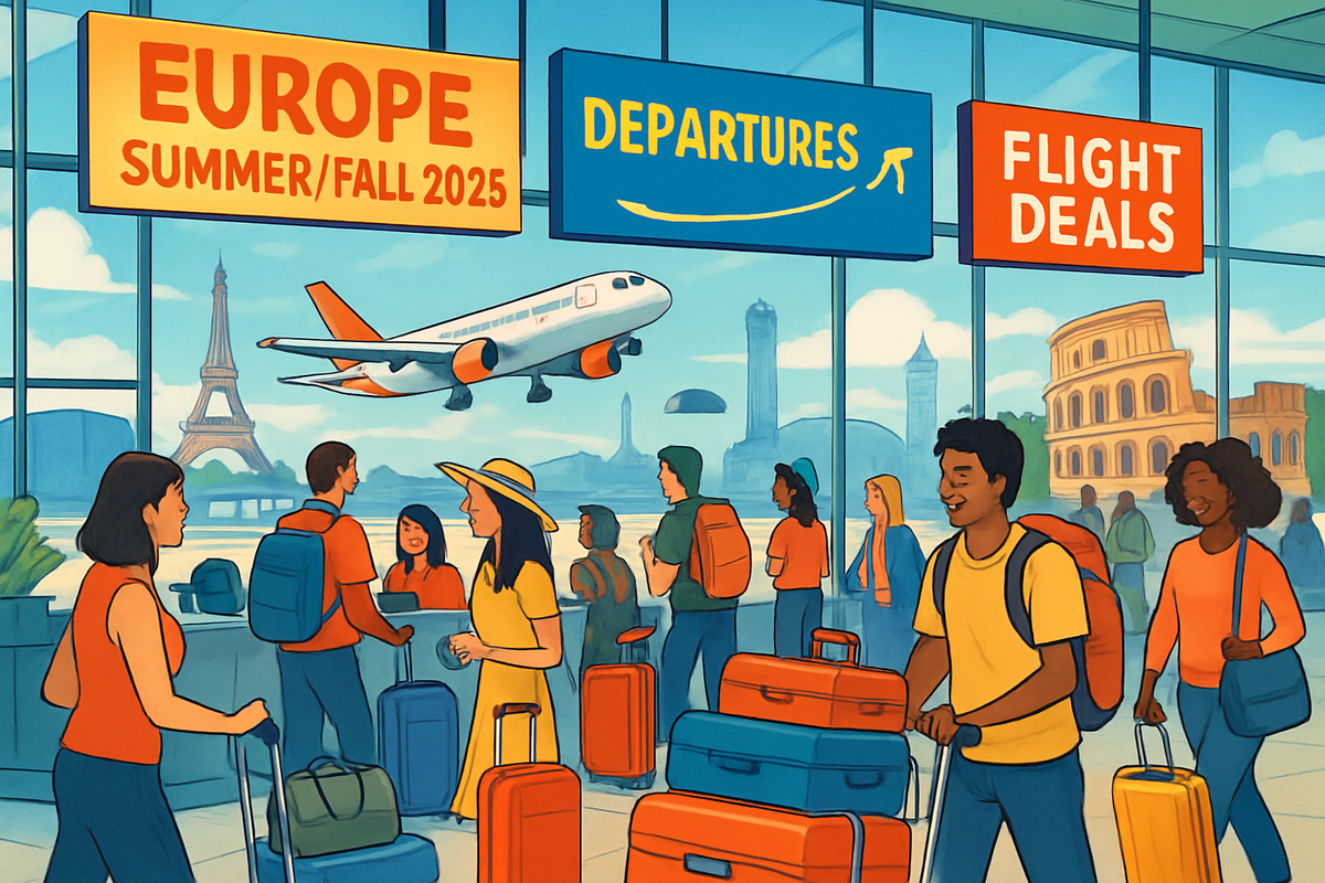 The image depicts a busy airport scene with travelers preparing to board flights to Europe, featuring attractions like the Eiffel Tower and a plane in the background.
