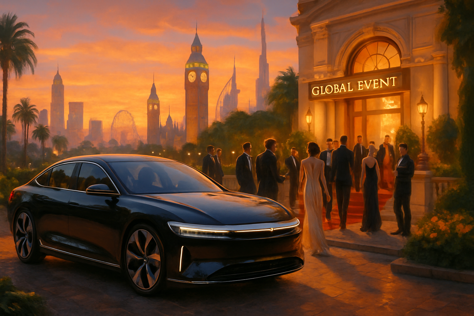 A sleek black car is parked in front of an elegant building where guests are arriving for a glamorous global event at sunset.