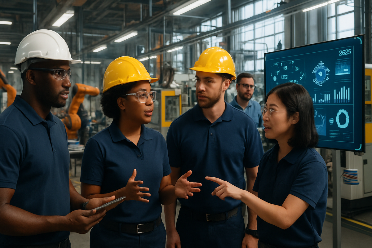A group of four professionals in safety helmets and glasses are engaged in discussion in a factory setting, with a digital screen displaying data behind them.