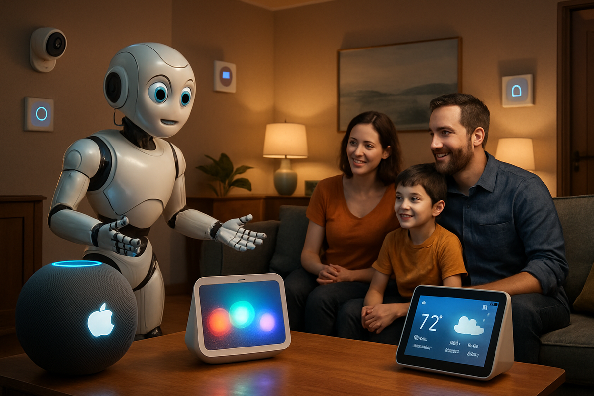 A family interacts with a friendly robot in a cozy living room filled with smart home devices.