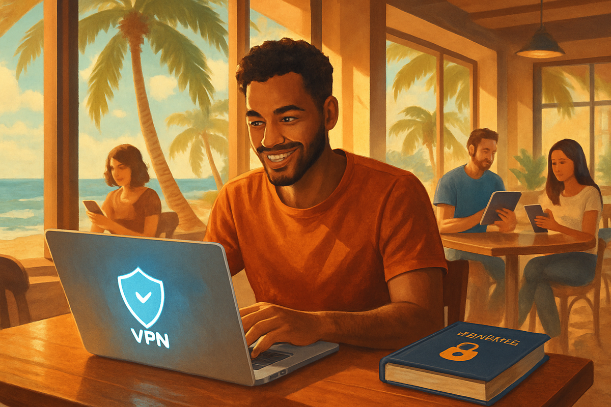 A smiling man works on a laptop displaying a VPN logo in a sunny café with palm trees, while two others engage with tablets and phones nearby.