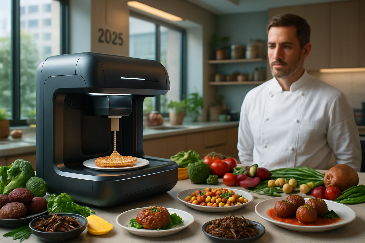 A chef watches a futuristic cooking machine prepare food amid a variety of fresh ingredients displayed on a kitchen counter.
