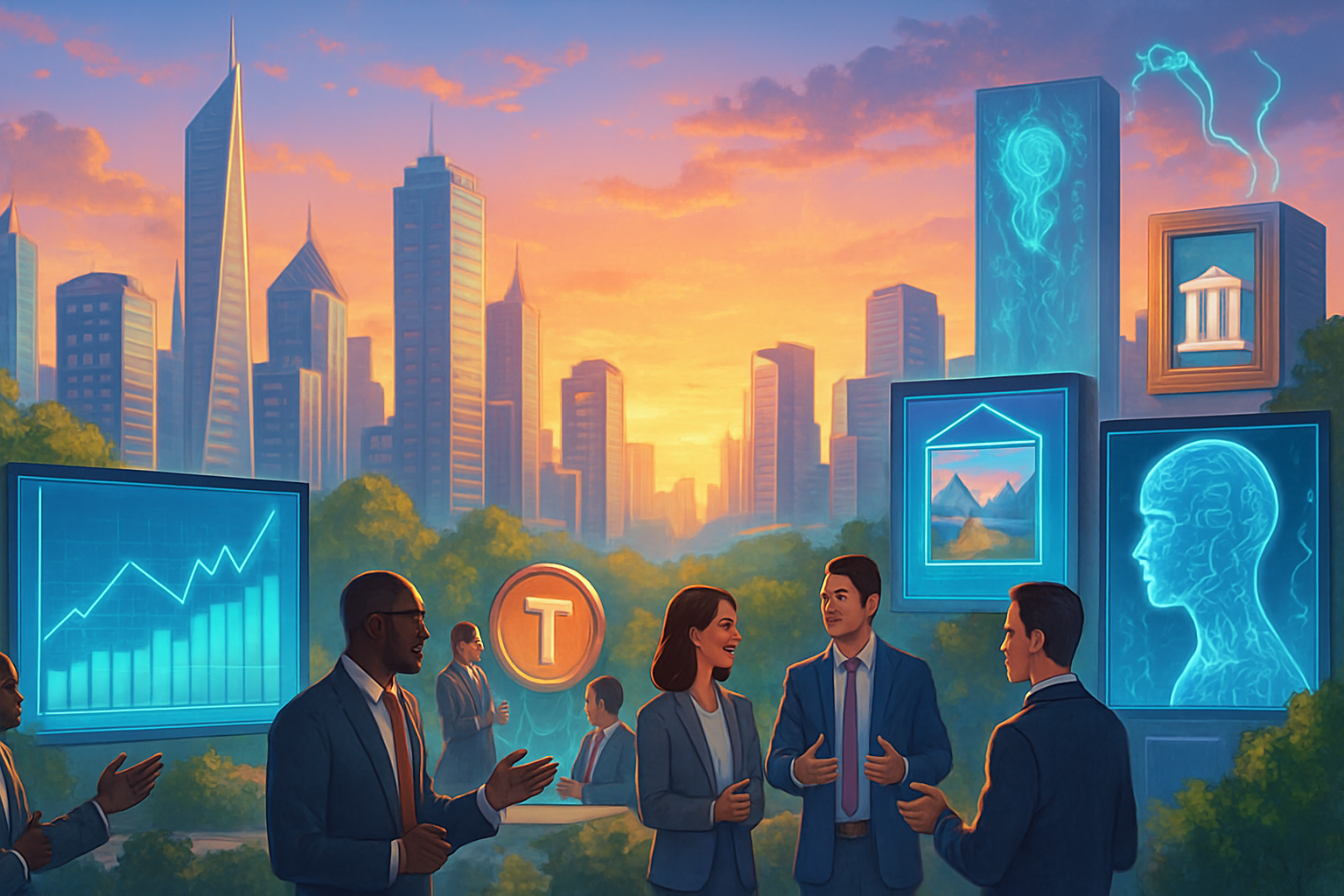 The image depicts a group of professionals in business attire engaging in discussion against a backdrop of skyscrapers and digital displays, illuminated by a sunset.