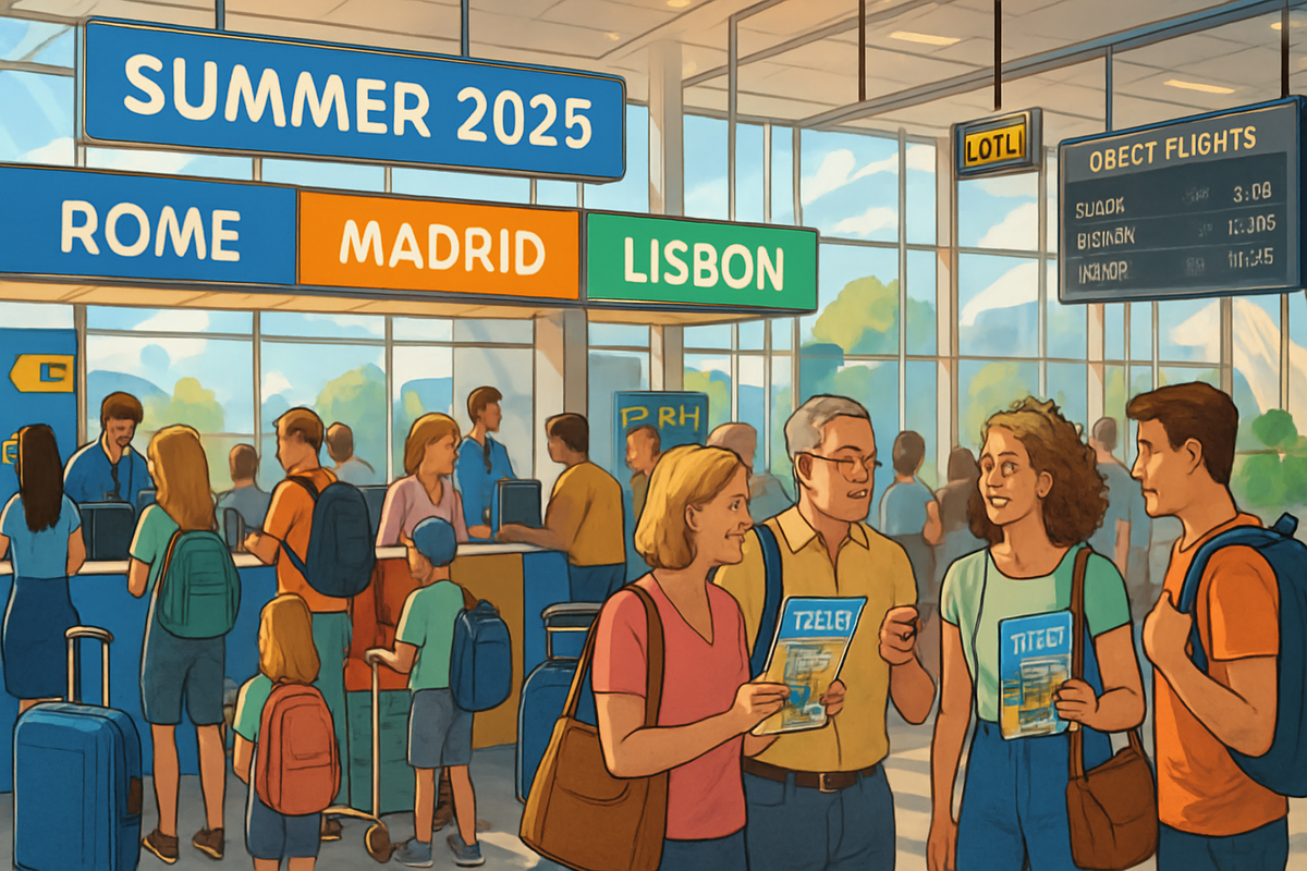 The image depicts a busy airport terminal with travelers discussing their summer 2025 plans to visit Rome, Madrid, and Lisbon.