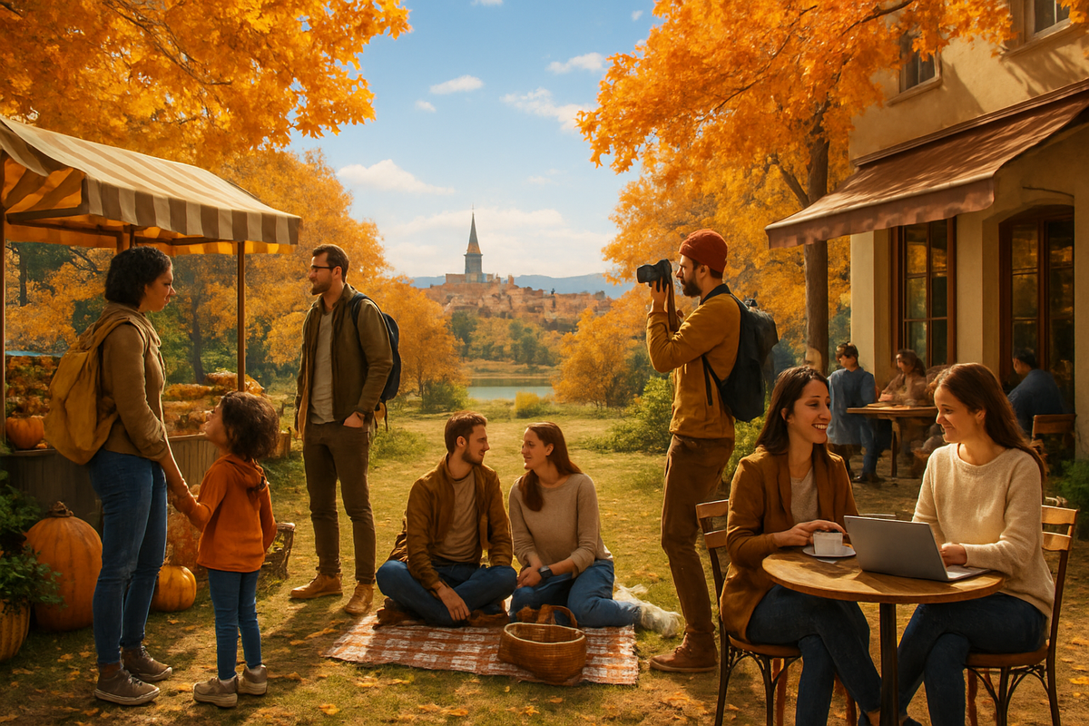 The image showcases a vibrant autumn scene with people socializing, enjoying a market, and capturing memories near a picturesque lake surrounded by colorful trees.