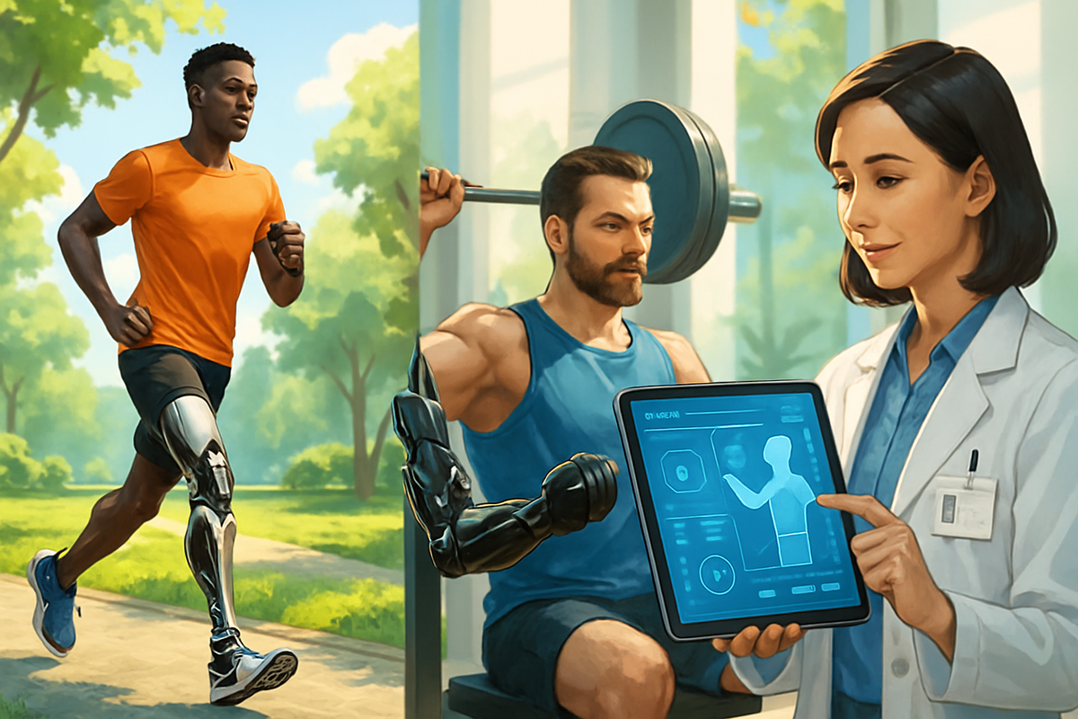 The image depicts a man with a prosthetic leg running outdoors and another man with a robotic arm lifting weights while a woman in a lab coat analyzes data on a tablet.