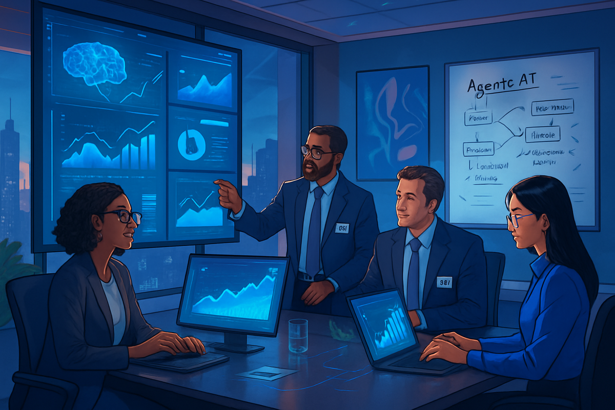 A group of four professionals in business attire engages in a data presentation within a dimly lit conference room, analyzing charts displayed on a screen.