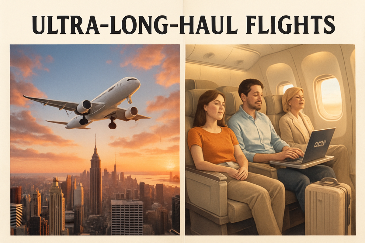 The image depicts a split scene featuring an airplane flying over a city skyline on one side and three passengers comfortably seated in an airplane cabin on the other side.