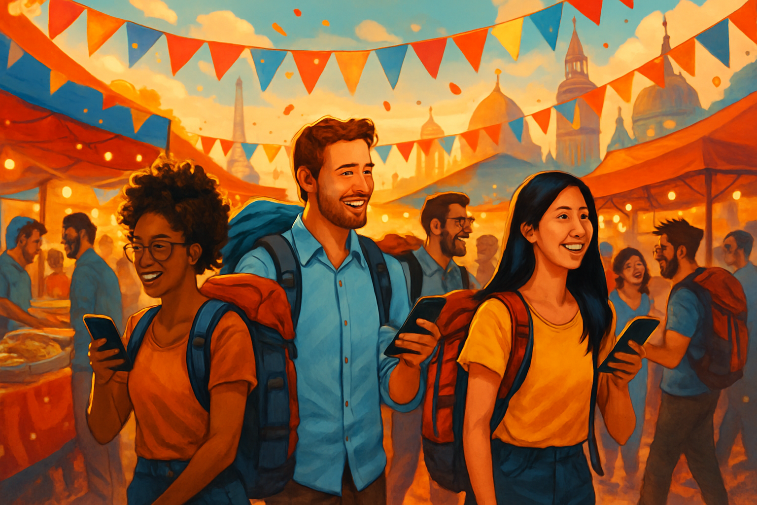 A vibrant market scene filled with people enjoying themselves, featuring three smiling individuals with backpacks using their phones.