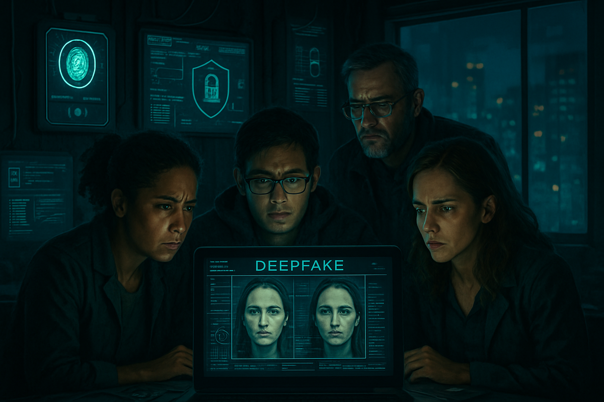 A group of four people intensely examines a laptop screen displaying a deepfake analysis, surrounded by dark, tech-themed decor.