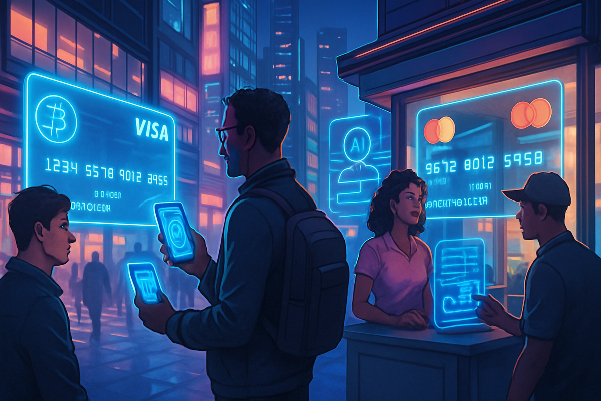 In a futuristic city setting, individuals engage with holographic payment options while illuminated storefronts display digital currency and payment information.