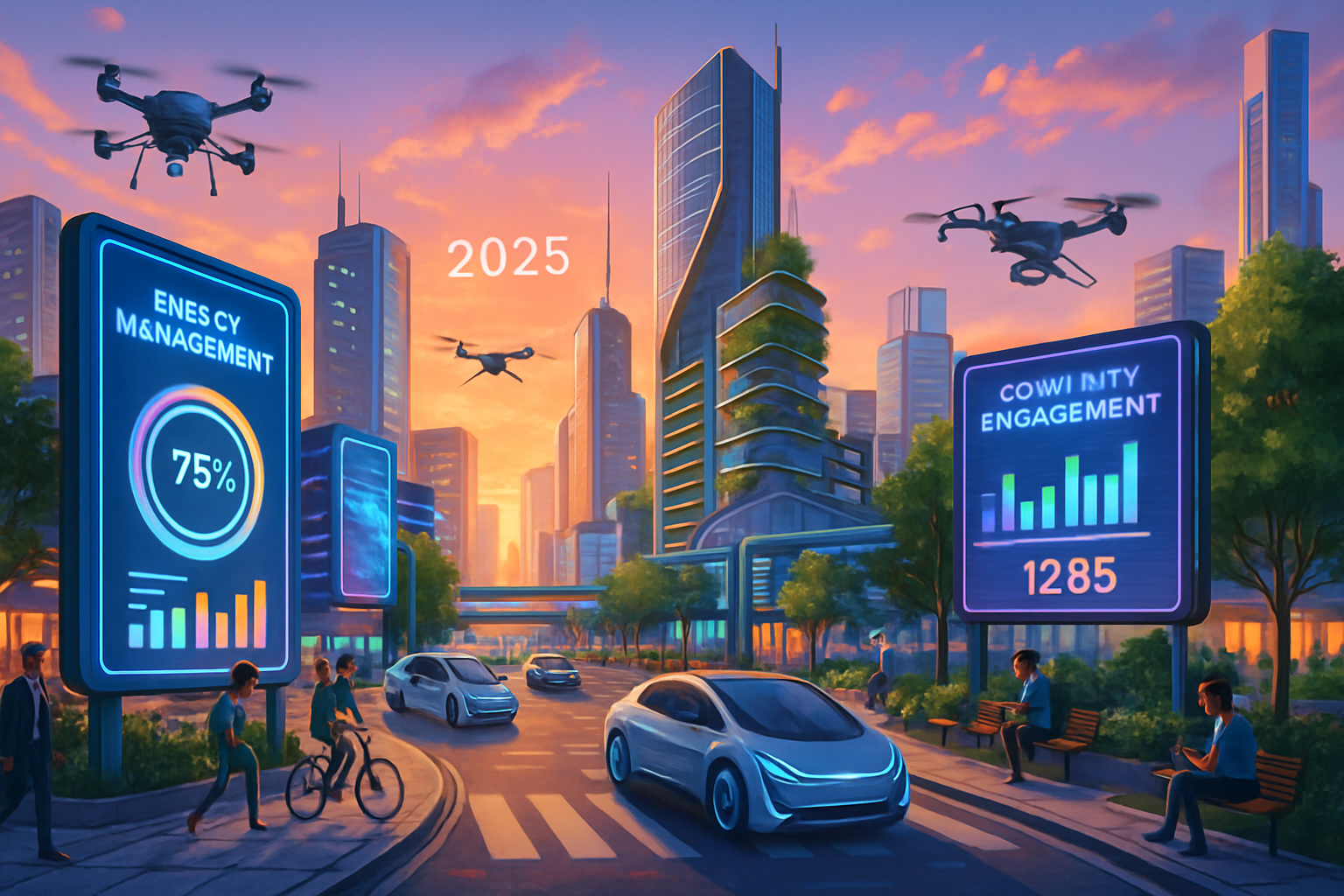 The image depicts a futuristic urban scene in 2025, showcasing drones, modern architecture, and digital screens displaying data metrics.