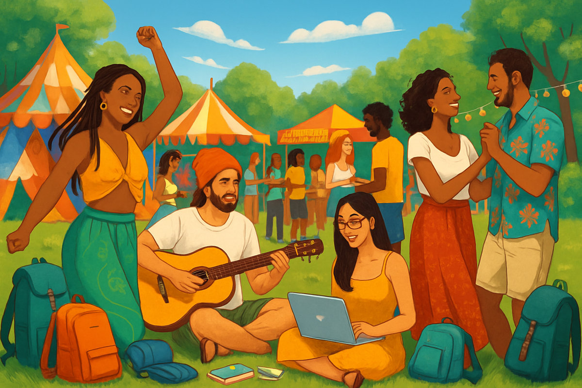 The image depicts a lively outdoor scene with diverse friends enjoying music, dancing, and socializing at a festival.