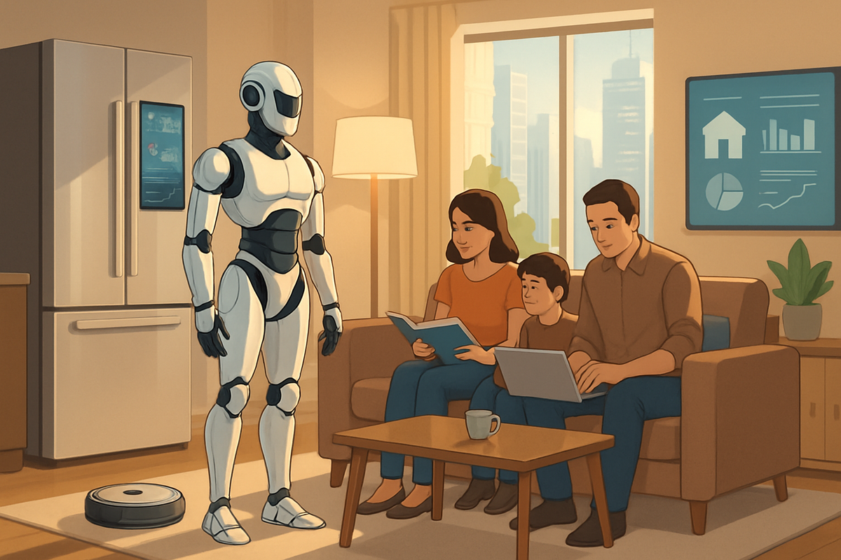 A futuristic living room features a family engaging with a humanoid robot while a robot vacuum cleans nearby.