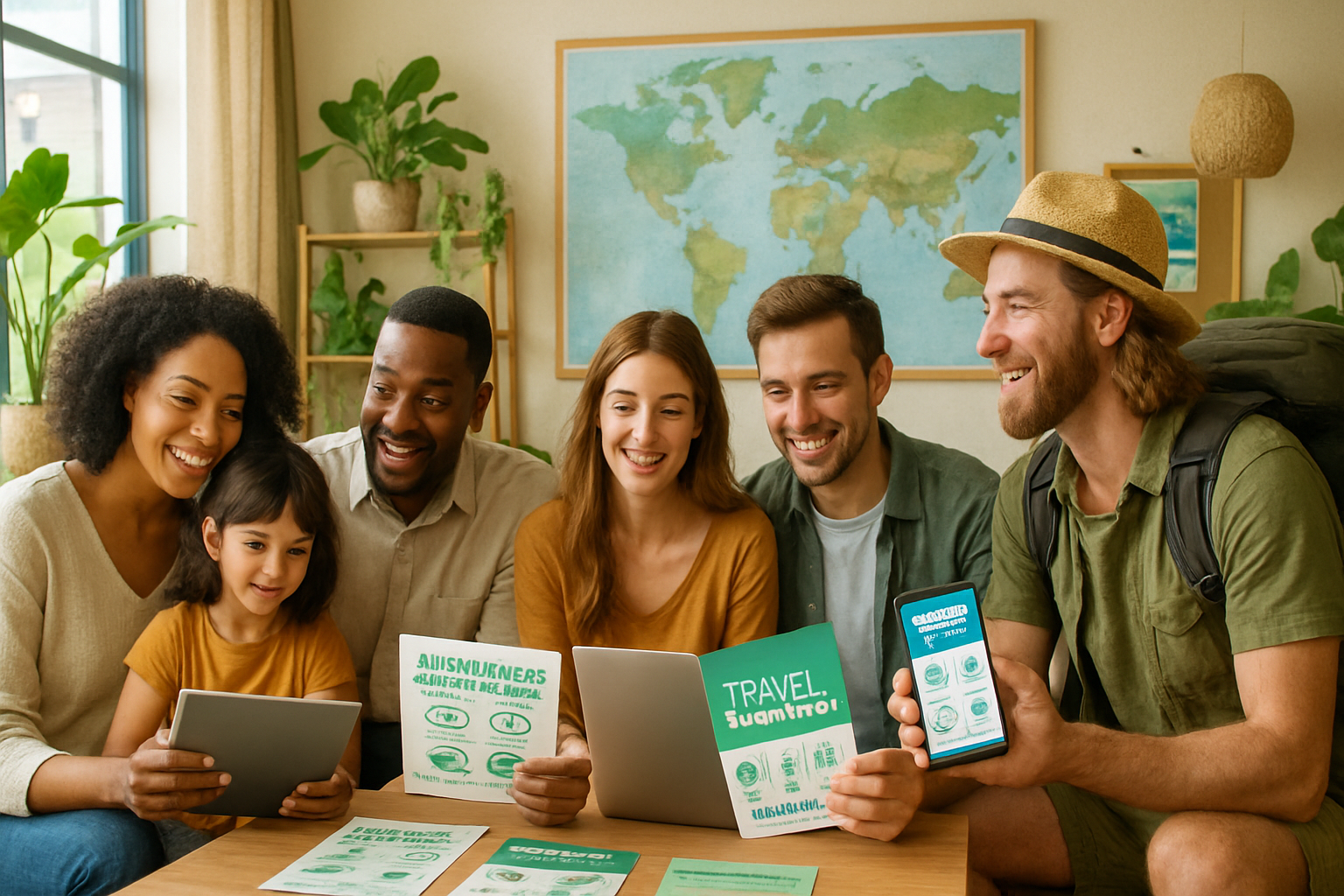 A diverse group of six people are smiling and engaged in planning or discussing travel, surrounded by greenery and travel materials.