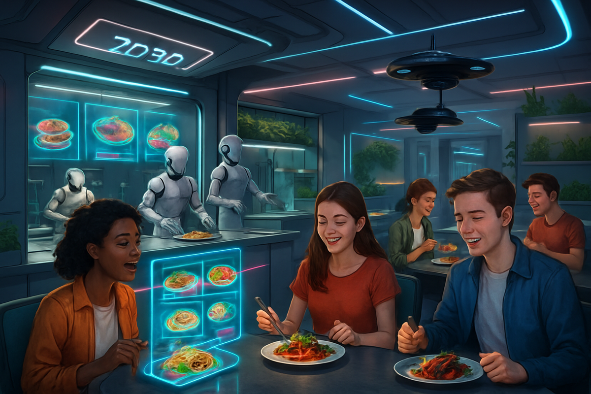 A futuristic restaurant scene featuring teenagers enjoying meals while robots serve food, illuminated with vibrant blue and pink lights.