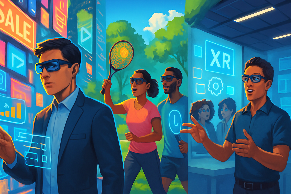The image depicts a vibrant scene featuring several individuals wearing smart glasses, interacting with digital displays and engaging in recreational activities in a futuristic setting.