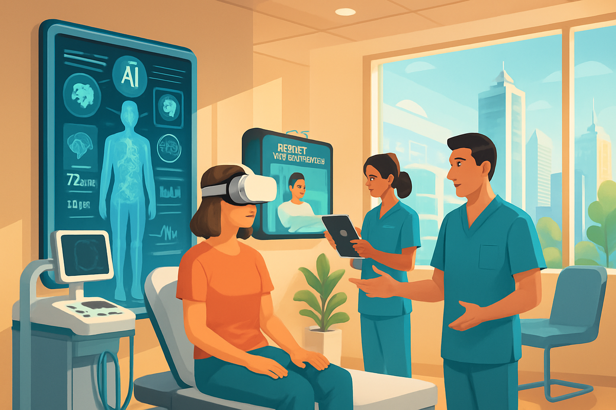 The image shows a woman wearing a virtual reality headset in a modern healthcare setting, while two medical professionals discuss her care and digital displays of health data are visible.